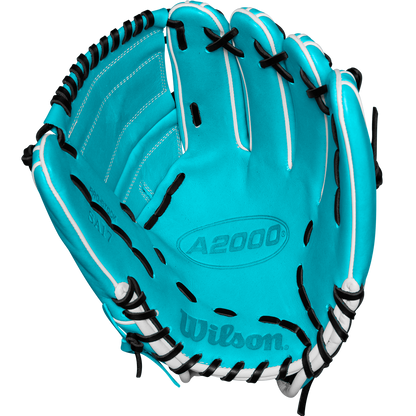 The Wilson A2000 SA17 12" Baseball Glove (SPRING 2025: WBW10255012) by Wilson, in turquoise with black laces and white trim, is shown open against a white background, displaying its palm and finger slots.