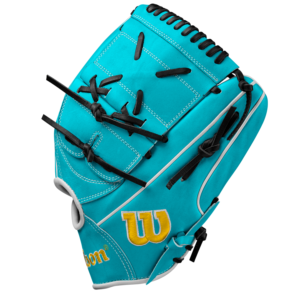 The Wilson A2000 SA17 12" Baseball Glove features turquoise Pro Stock® leather, black laces, white accents, and a yellow W logo. Detailed stitching and a modern design stand out against a plain white background. Model: WBW10255012.
