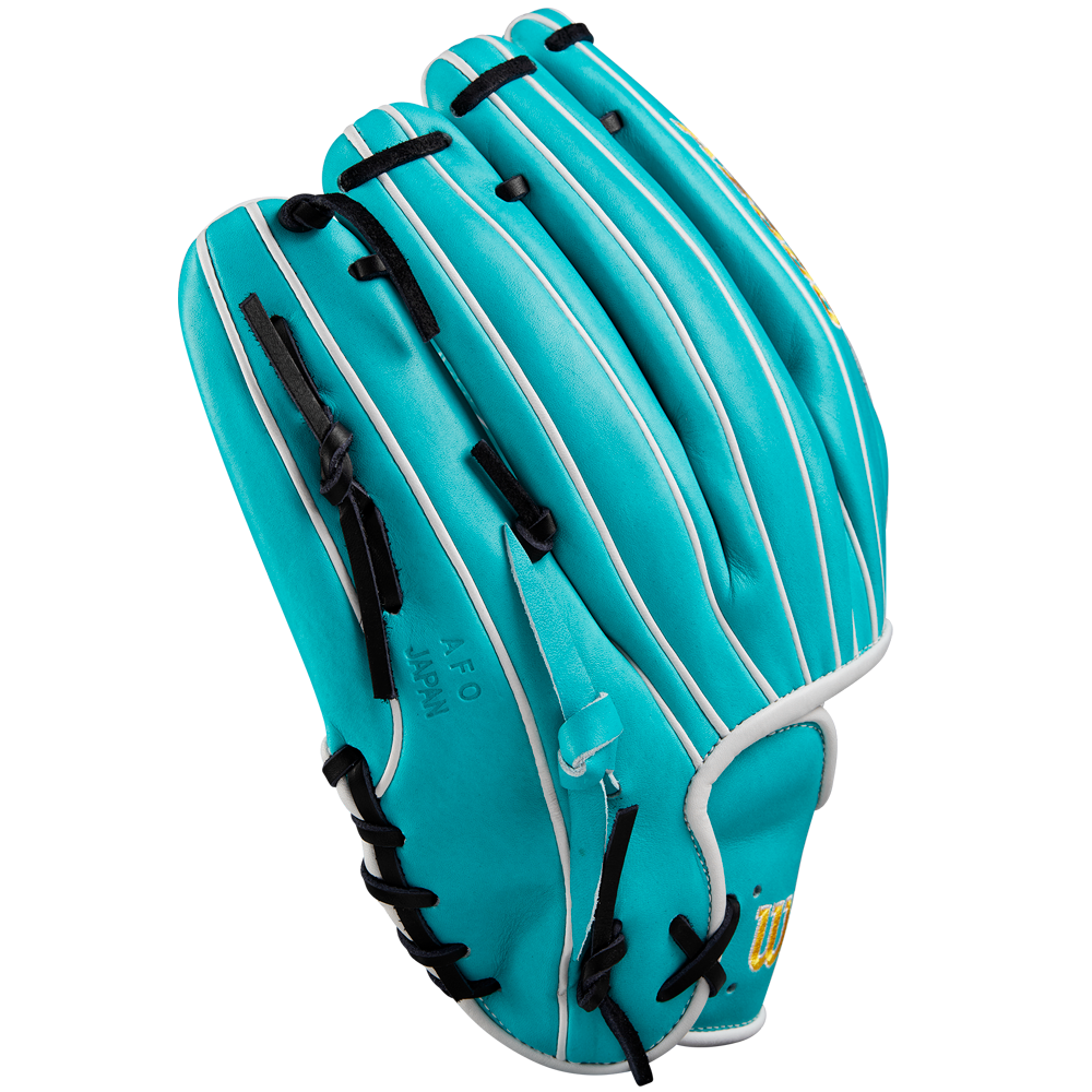 The Wilson A2000 SA17 12" Baseball Glove in turquoise with black laces and white trim, crafted from Pro Stock® leather, is displayed on a light gray background.