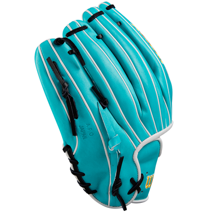 The Wilson A2000 SA17 12" Baseball Glove in turquoise with black laces and white trim, crafted from Pro Stock® leather, is displayed on a light gray background.