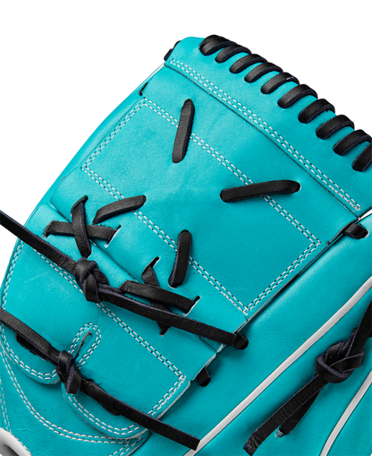 Close-up of the Wilson A2000 SA17 12" Baseball Glove (SPRING 2025: WBW10255012) in turquoise with black laces and white stitching, made from premium Pro Stock® leather and showcasing detailed craftsmanship.