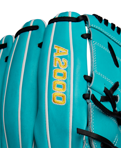 Close-up of the Wilson A2000 SA17 12" Baseball Glove featuring turquoise Pro Stock® leather, white stripes, black laces, and yellow A2000 embroidery. Model WBW10255012, SPRING 2025.
