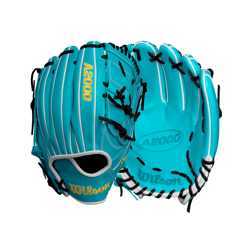 Two Wilson A2000 SA17 12" baseball gloves (Spring 2025, WBW10255012) in turquoise with black laces and yellow lettering are displayed—one palm up, one back up—against a white background. Made from Pro Stock® leather.