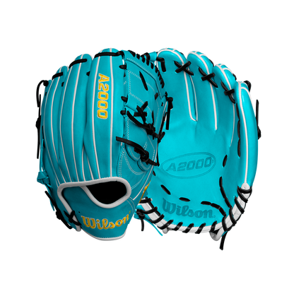 Two Wilson A2000 SA17 12" baseball gloves (Spring 2025, WBW10255012) in turquoise with black laces and yellow lettering are displayed—one palm up, one back up—against a white background. Made from Pro Stock® leather.