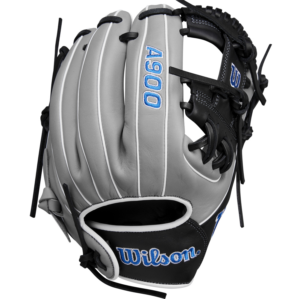 The Wilson A900 PF1125 11.25" Baseball Glove (WBW1025691125) features a grey and black design with black laces and blue embroidered lettering, shown against a white background.