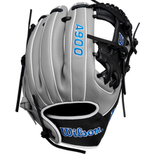 The Wilson A900 PF1125 11.25" Baseball Glove (WBW1025691125) features a grey and black design with black laces and blue embroidered lettering, shown against a white background.
