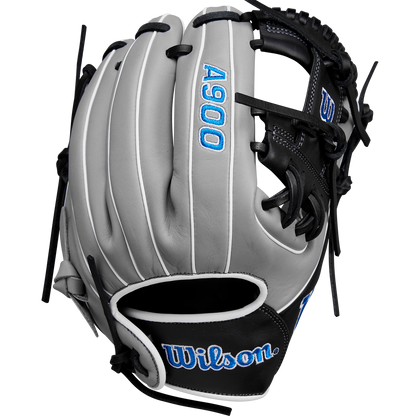 The Wilson A900 PF1125 11.25" Baseball Glove (WBW1025691125) features a grey and black design with black laces and blue embroidered lettering, shown against a white background.