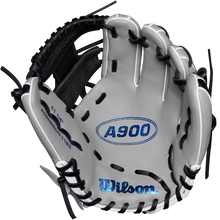 A close-up of the Wilson A900 PF1125 11.25" Baseball Glove (WBW1025691125), designed with the Pedroia Fit by Wilson for smaller hands.