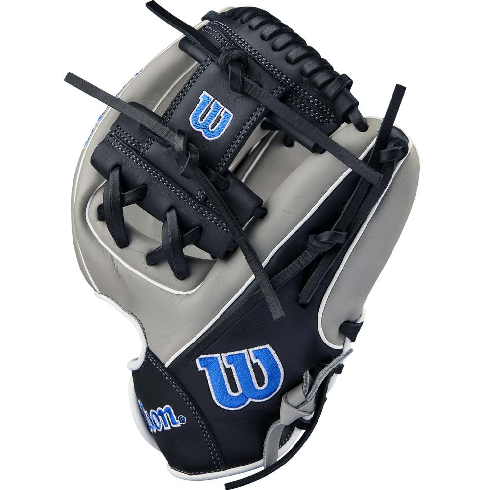 The Wilson A900 PF1125 11.25" Baseball Glove (WBW1025691125) features black, gray, and white leather with blue W logos and black lacing, displayed on a white background.