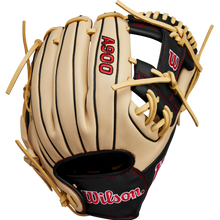 The Wilson A900 PF115 11.5" Baseball Glove (WBW102570115) features a tan and black design with yellow laces, red stitching, and the Wilson logo on the thumb and wrist.