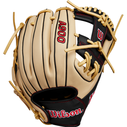 The Wilson A900 PF115 11.5" Baseball Glove (WBW102570115) features a tan and black design with yellow laces, red stitching, and the Wilson logo on the thumb and wrist.
