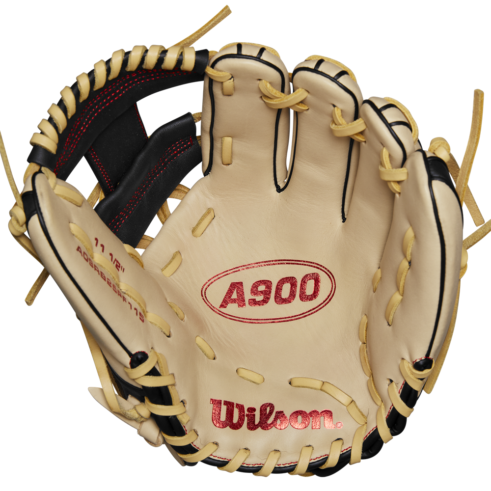 The Wilson A900 PF115 11.5" Baseball Glove (WBW102570115) features Pedroia Fit and is ideal for infield play, shown against a white background.