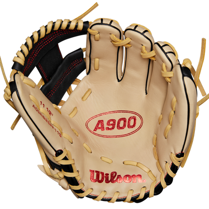 The Wilson A900 PF115 11.5" Baseball Glove (WBW102570115) features Pedroia Fit and is ideal for infield play, shown against a white background.