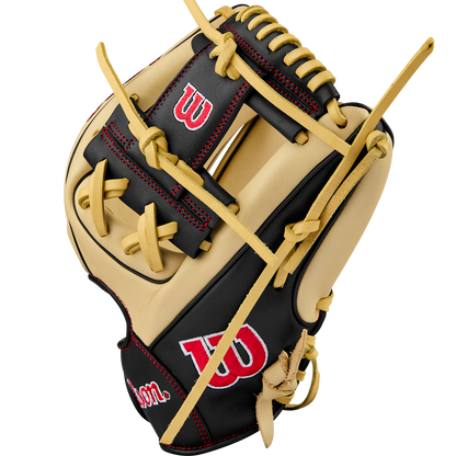 A Wilson A900 PF115 11.5" baseball glove in tan and black, featuring red stitching and a white Wilson logo on the thumb and wrist, is displayed against a plain white background.