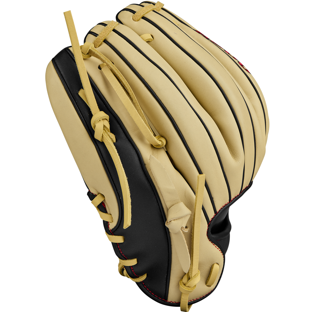 A Wilson A900 PF115 11.5" baseball glove by Wilson, featuring a tan and black Pedroia Fit design with yellow laces and red stitching, displayed on a plain white background.