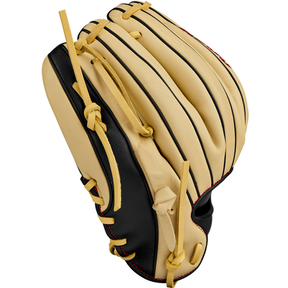 A Wilson A900 PF115 11.5" baseball glove by Wilson, featuring a tan and black Pedroia Fit design with yellow laces and red stitching, displayed on a plain white background.