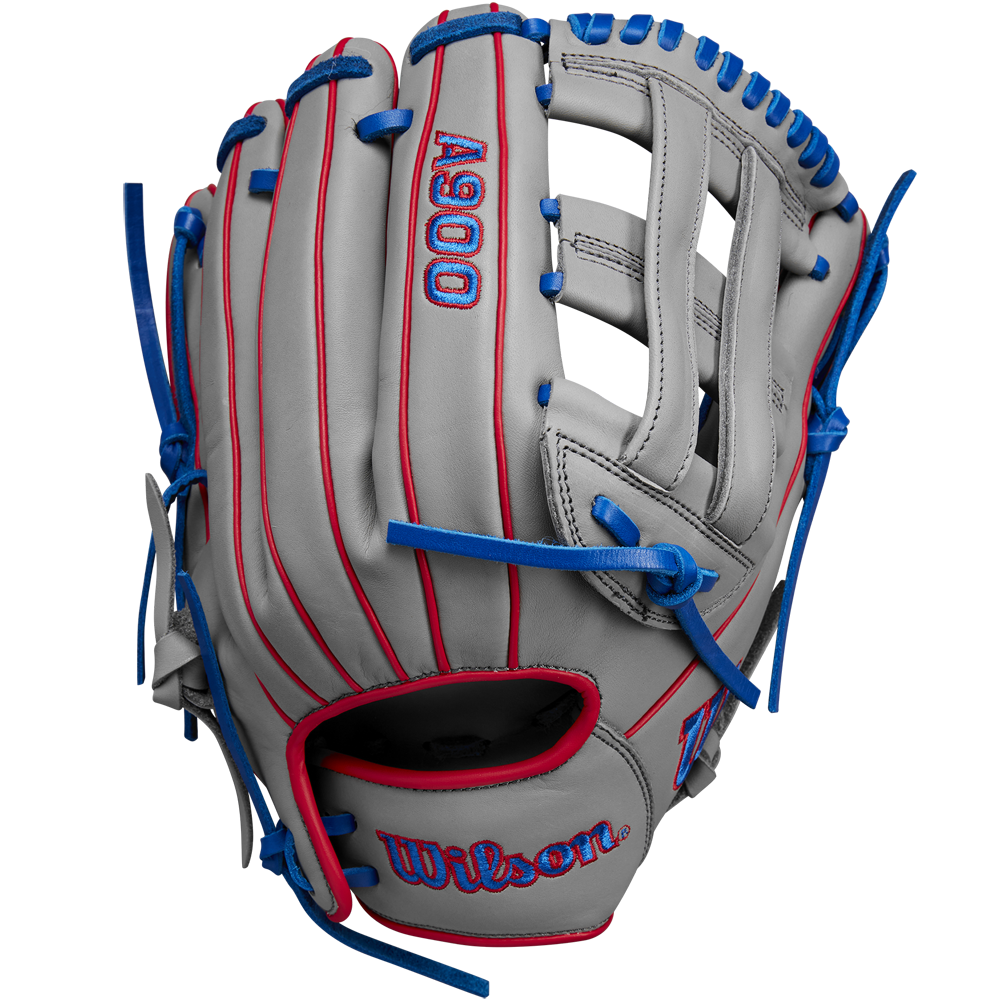 The Wilson A900 PF12 12" Baseball Glove (WBW10257112) features gray Full Grain Leather, red stitching, blue laces, an open web, and the Wilson logo embroidered in red and blue.