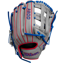 The Wilson A900 PF12 12" Baseball Glove (WBW10257112) features gray Full Grain Leather, red stitching, blue laces, an open web, and the Wilson logo embroidered in red and blue.