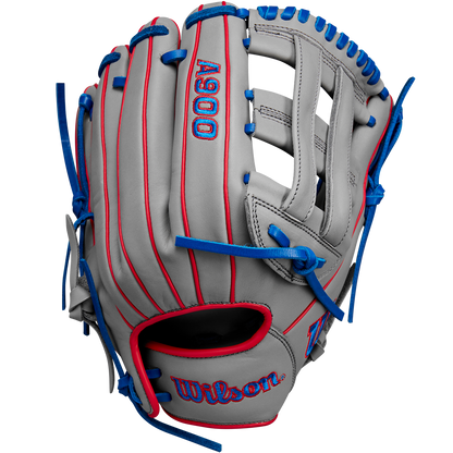 The Wilson A900 PF12 12" Baseball Glove (WBW10257112) features gray Full Grain Leather, red stitching, blue laces, an open web, and the Wilson logo embroidered in red and blue.