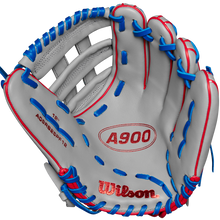 The Wilson A900 PF12 12" Baseball Glove: WBW10257112 features red and blue stitching, Pedroia Fit for a snug feel, and Wilson branding on the palm. Shown open against a plain background.