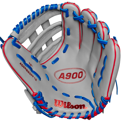The Wilson A900 PF12 12" Baseball Glove: WBW10257112 features red and blue stitching, Pedroia Fit for a snug feel, and Wilson branding on the palm. Shown open against a plain background.