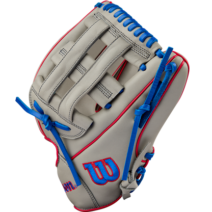 The Wilson A900 PF12 12" Baseball Glove: WBW10257112 features a grey design with blue lacing, red accents, and the Wilson W logo on the thumb. Its Pedroia Fit makes it ideal for youth baseball players seeking comfort and performance.