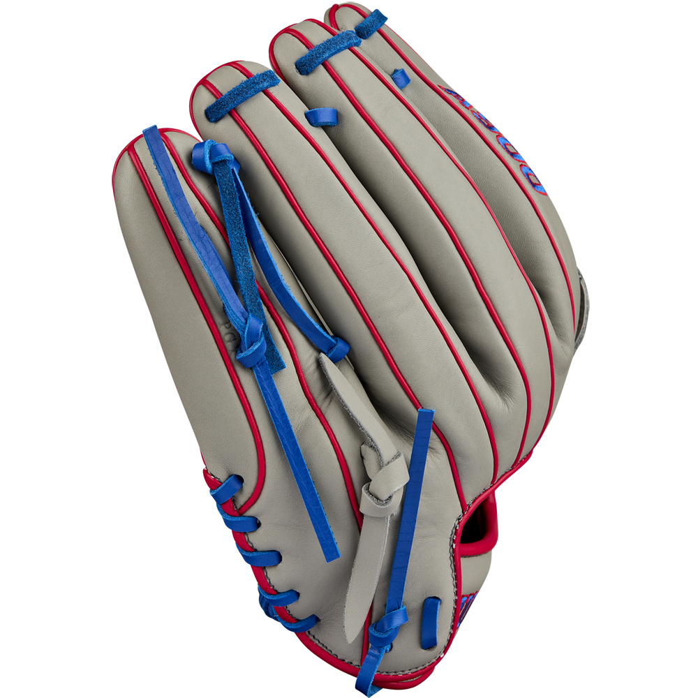 The Wilson A900 PF12 12" Baseball Glove (WBW10257112) by Wilson is gray with blue laces and red trim, shown against a plain white background.