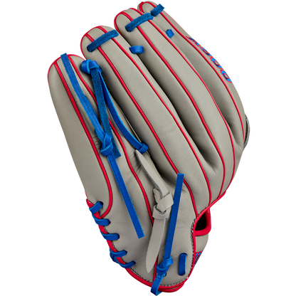 The Wilson A900 PF12 12" Baseball Glove (WBW10257112) by Wilson is gray with blue laces and red trim, shown against a plain white background.
