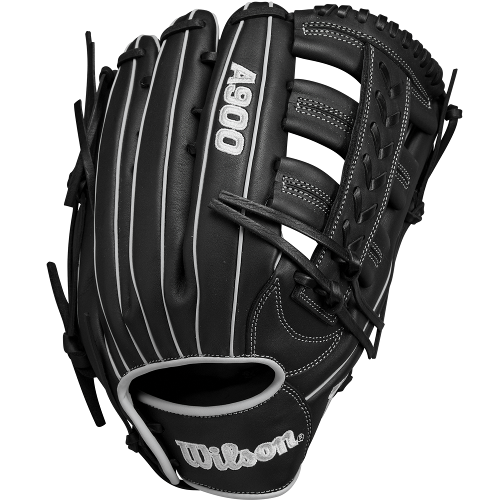 The Wilson A900 PF1892 12.25" Baseball Glove (WBW1025721225) is a black youth glove with white stitching, an open web design, and visible Wilson branding on the palm and thumb.
