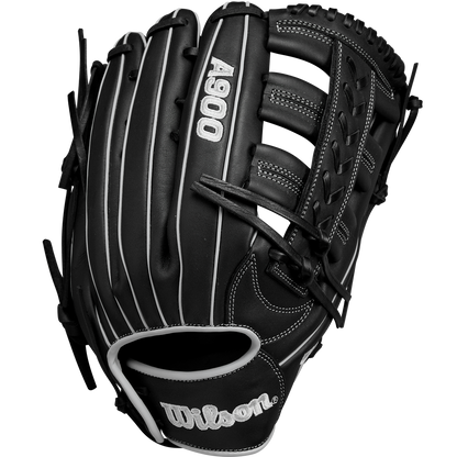 The Wilson A900 PF1892 12.25" Baseball Glove (WBW1025721225) is a black youth glove with white stitching, an open web design, and visible Wilson branding on the palm and thumb.