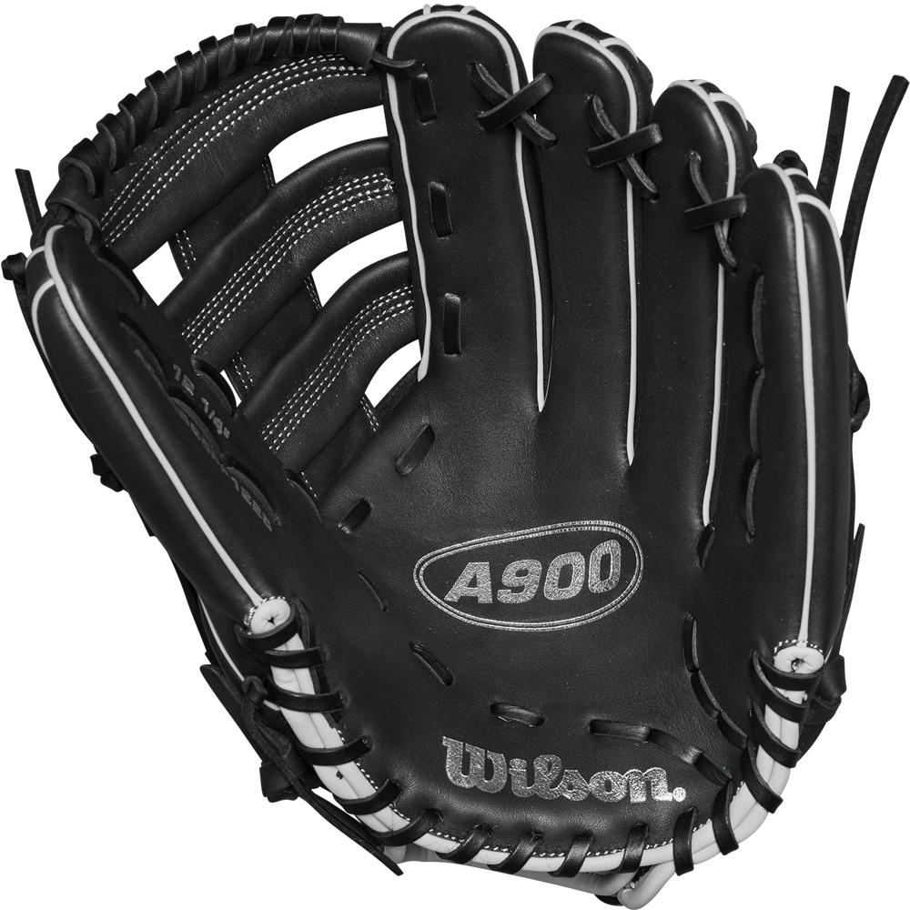 The Wilson A900 PF1892 12.25" Baseball Glove (WBW1025721225) by Wilson is shown open, highlighting its black design with white stitching and laces, and detailed palm and webbing.