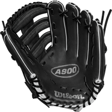 The Wilson A900 PF1892 12.25" Baseball Glove (WBW1025721225) by Wilson is shown open, highlighting its black design with white stitching and laces, and detailed palm and webbing.