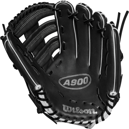 The Wilson A900 PF1892 12.25" Baseball Glove (WBW1025721225) by Wilson is shown open, highlighting its black design with white stitching and laces, and detailed palm and webbing.