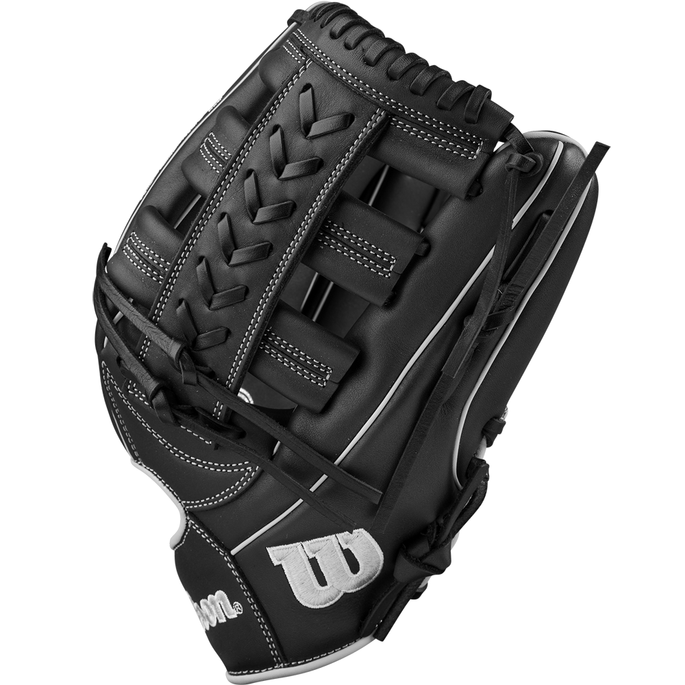The Wilson A900 PF1892 12.25" Baseball Glove (WBW1025721225) is a black leather outfield glove with white stitching and laces, featuring the Wilson logo in white on the wrist area.