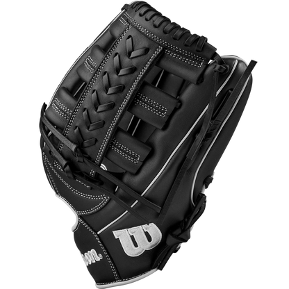The Wilson A900 PF1892 12.25" Baseball Glove (WBW1025721225) is a black leather outfield glove with white stitching and laces, featuring the Wilson logo in white on the wrist area.