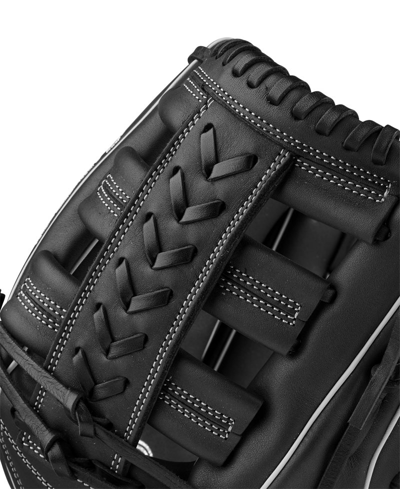 Close-up of the Wilson A900 PF1892 12.25" Baseball Glove (WBW1025721225) by Wilson, in black with white stitching, showcasing detailed lacing and padded webbing.