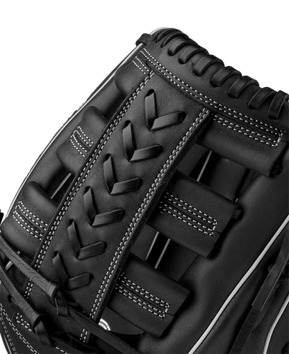 Close-up of the Wilson A900 PF1892 12.25" Baseball Glove (WBW1025721225) by Wilson, in black with white stitching, showcasing detailed lacing and padded webbing.