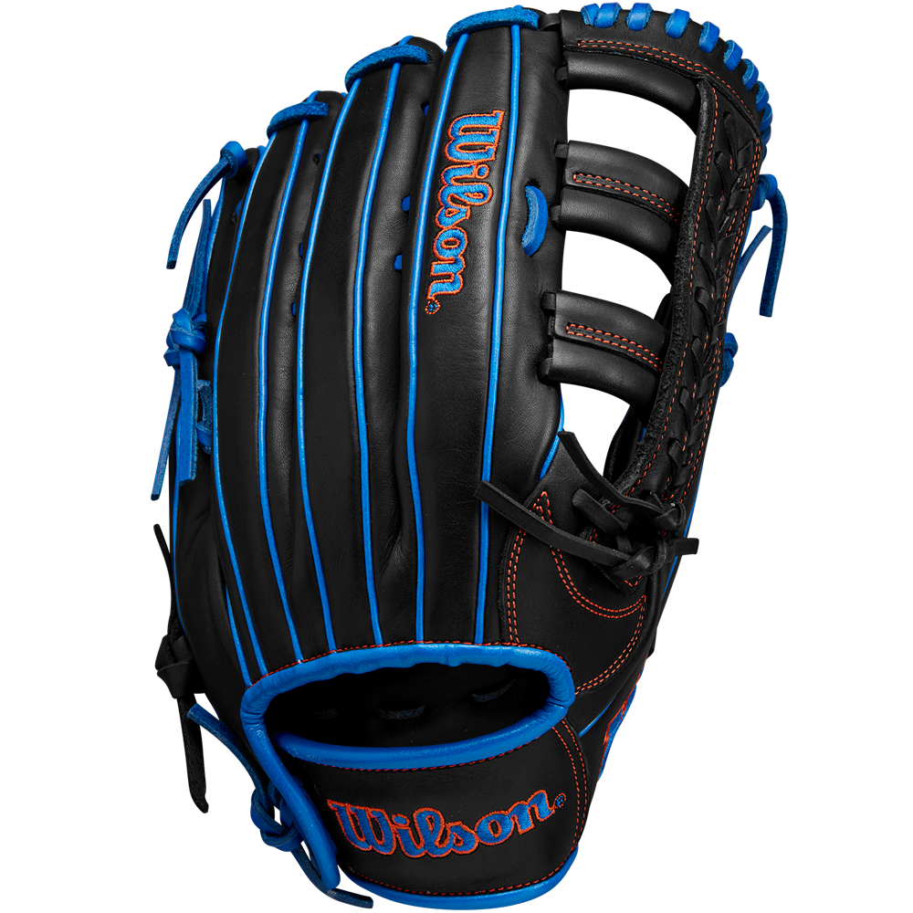 The Wilson A1000 PF1892 12.25" Baseball Glove (WBW1025831225) features a black Full Grain leather design with blue laces, orange stitching, and the Wilson logo in blue and orange on the glove and wrist strap.