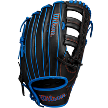 The Wilson A1000 PF1892 12.25" Baseball Glove (WBW1025831225) features a black Full Grain leather design with blue laces, orange stitching, and the Wilson logo in blue and orange on the glove and wrist strap.