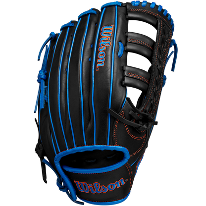 The Wilson A1000 PF1892 12.25" Baseball Glove (WBW1025831225) features a black Full Grain leather design with blue laces, orange stitching, and the Wilson logo in blue and orange on the glove and wrist strap.