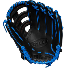 A Wilson A1000 PF1892 12.25" Baseball Glove (WBW1025831225) in black with bright blue laces and red stitching, made from Full Grain leather, is displayed open to show the palm and webbing against a white background.