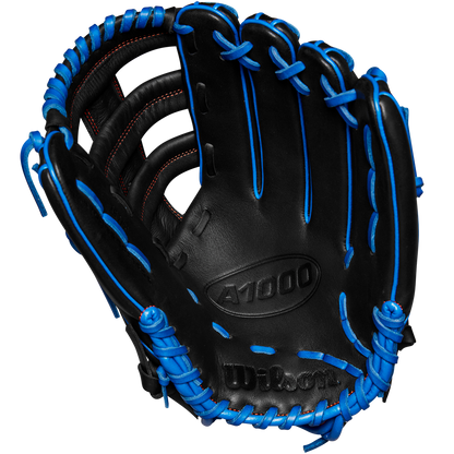 A Wilson A1000 PF1892 12.25" Baseball Glove (WBW1025831225) in black with bright blue laces and red stitching, made from Full Grain leather, is displayed open to show the palm and webbing against a white background.