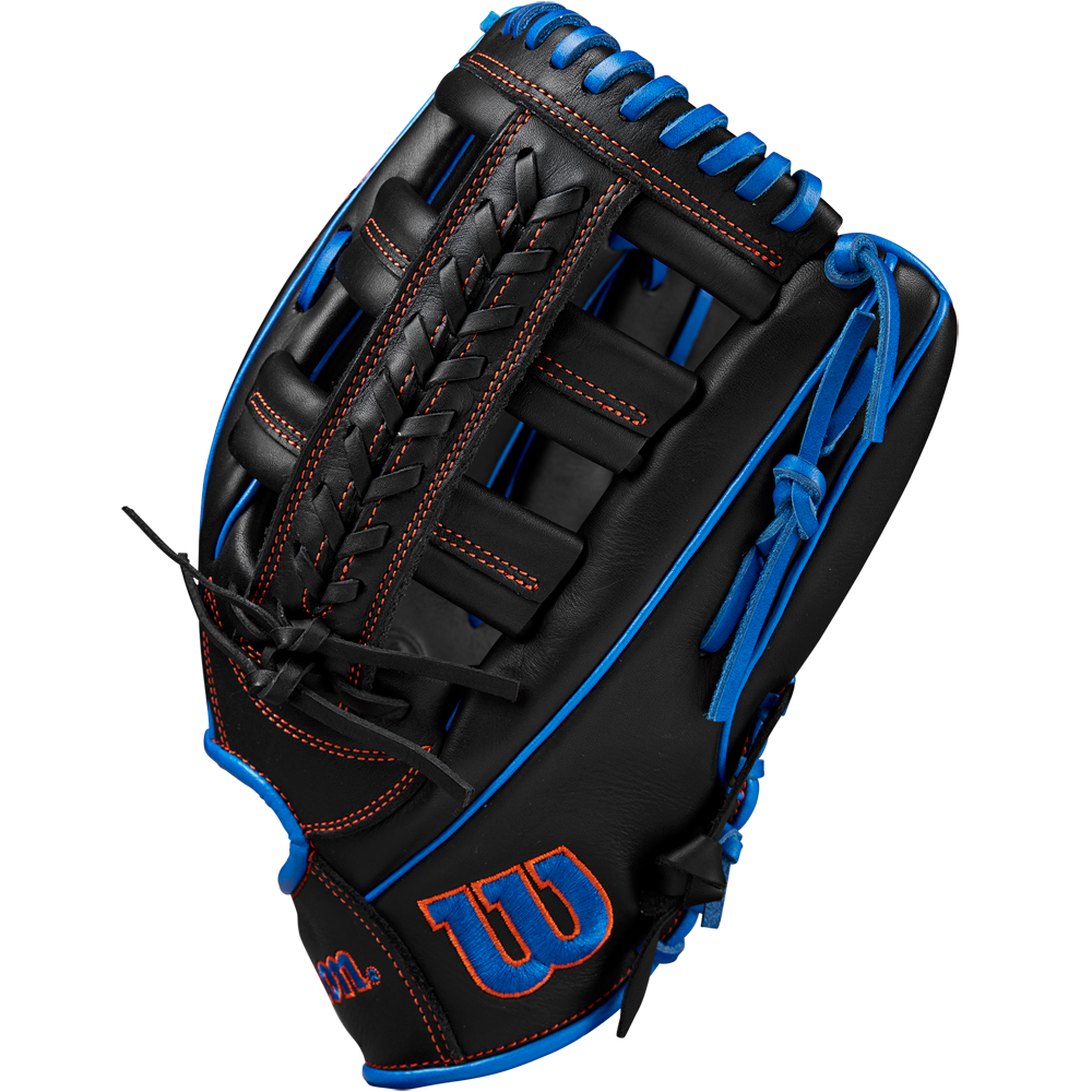 The Wilson A1000 PF1892 12.25" Baseball Glove (WBW1025831225) features a black Full Grain leather build, blue laces, red stitching, an open web pattern, and Wilson’s logo in red and blue on the thumb.