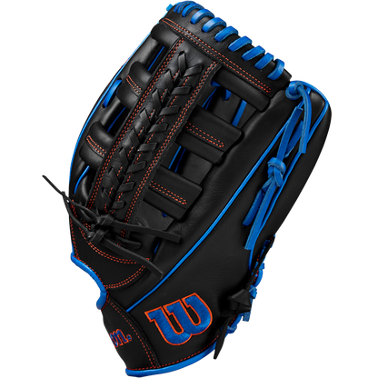 The Wilson A1000 PF1892 12.25" Baseball Glove (WBW1025831225) features a black Full Grain leather build, blue laces, red stitching, an open web pattern, and Wilson’s logo in red and blue on the thumb.