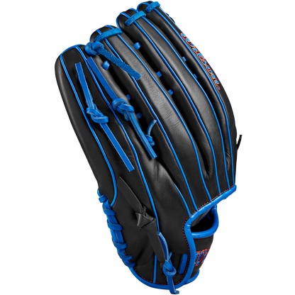 The Wilson A1000 PF1892 12.25" baseball glove by Wilson is shown in black Full Grain leather with blue laces, blue accents, and red stitched branding on the thumb, set against a plain white background.