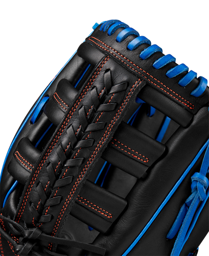 Close-up of a Wilson A1000 PF1892 12.25" Baseball Glove (WBW1025831225) with red stitching and blue laces, featuring Full Grain leather weaving and Wilson’s exceptional craftsmanship.