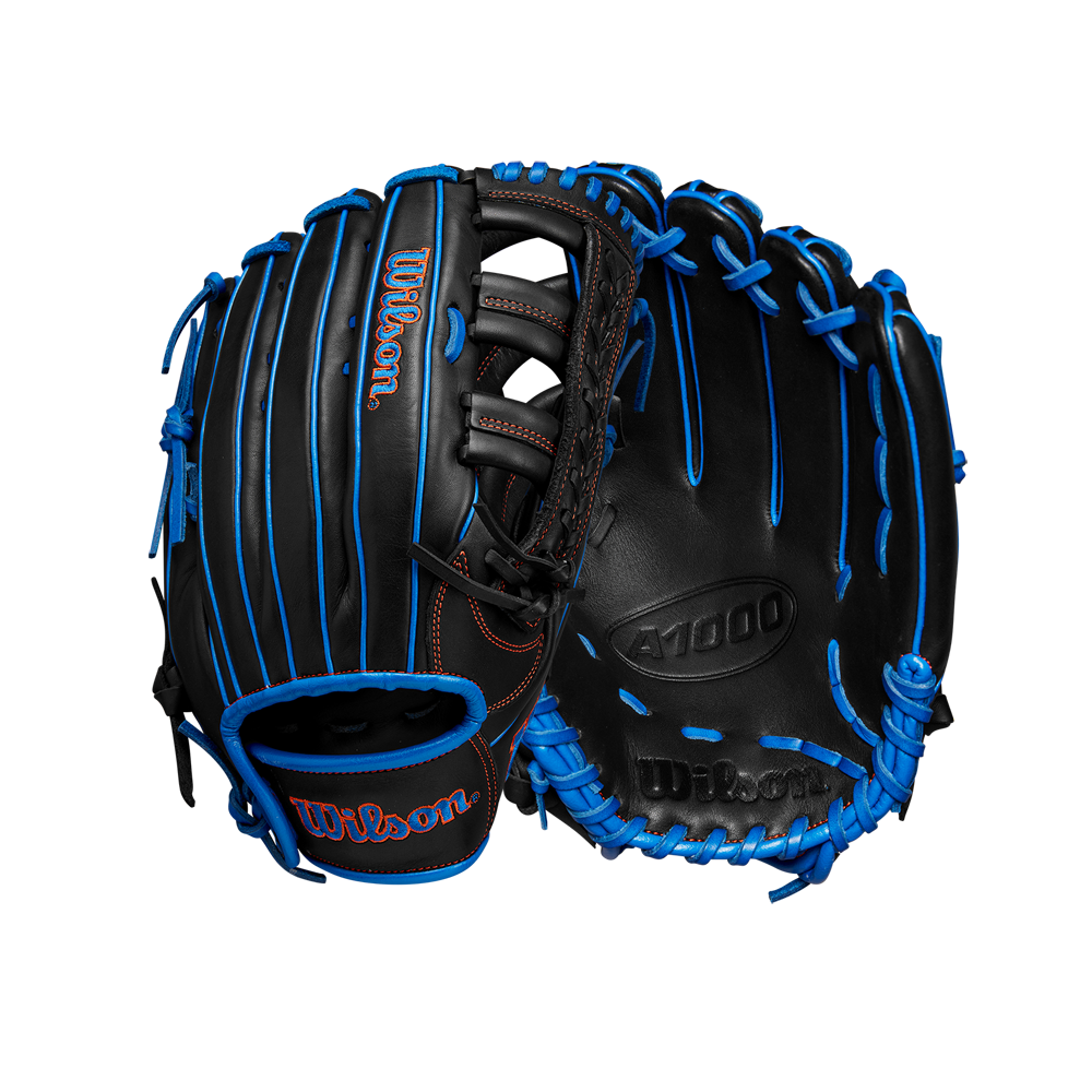 The Wilson A1000 PF1892 12.25" Baseball Glove (WBW1025831225) features a sleek black and blue design with durable Full Grain leather, offering both quality and style for outfield players.