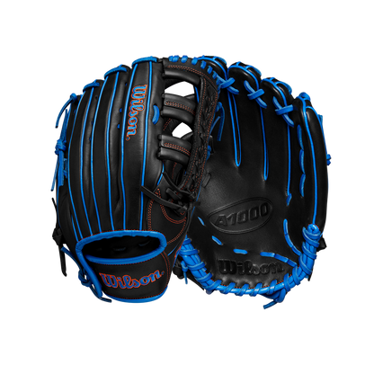 The Wilson A1000 PF1892 12.25" Baseball Glove (WBW1025831225) features a sleek black and blue design with durable Full Grain leather, offering both quality and style for outfield players.