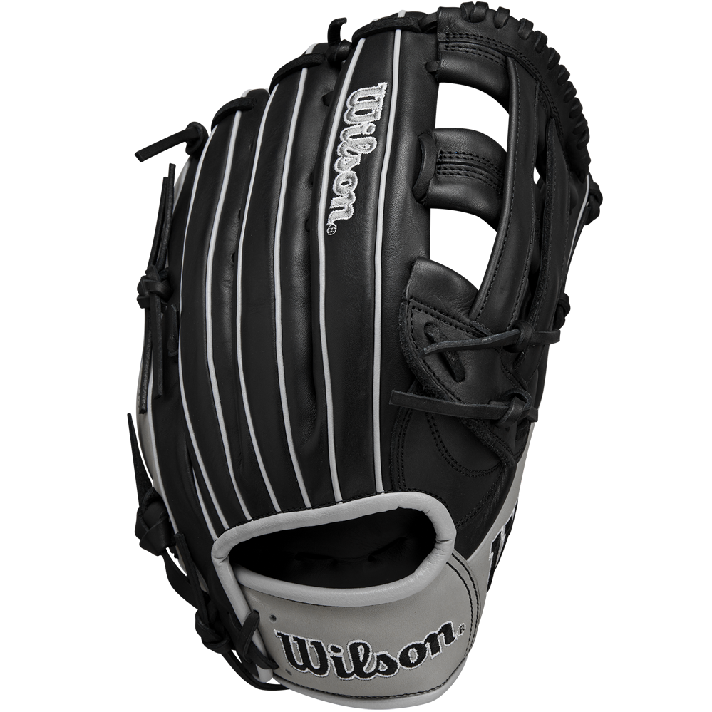 The Wilson A1000 1750 12.5" Baseball Glove (WBW102585125) is a black outfield glove with white stitching, gray trim, the Wilson logo on the wrist strap, and crafted from durable Full Grain leather.