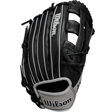 The Wilson A1000 1750 12.5" Baseball Glove (WBW102585125) is a black outfield glove with white stitching, gray trim, the Wilson logo on the wrist strap, and crafted from durable Full Grain leather.